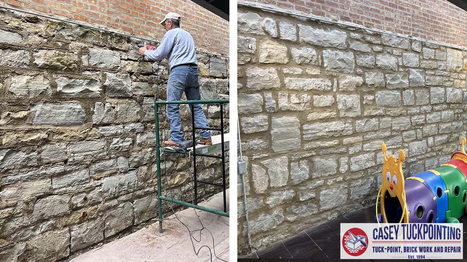 Before and after tuckpointing stone wall chicago tuckpointing