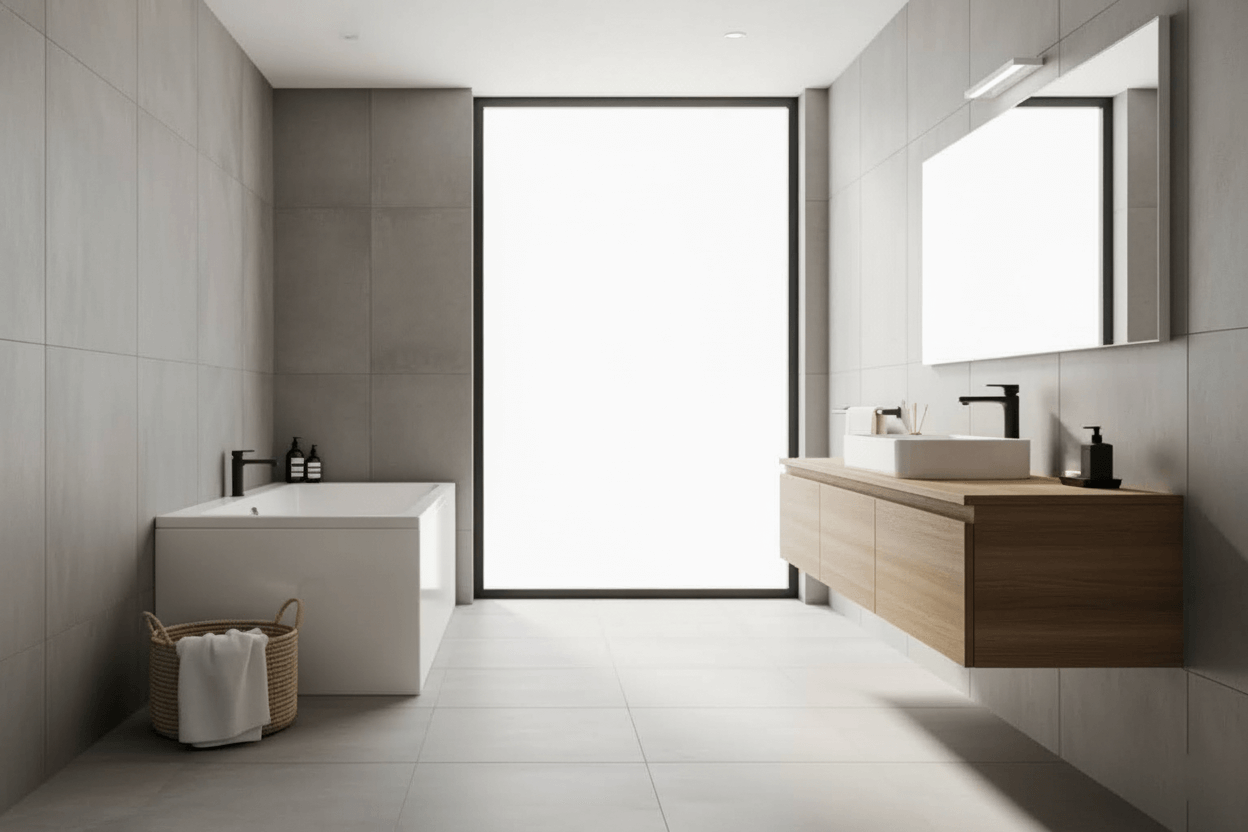 Minimalist bathroom with large format concrete-look tiles on the floor and walls - Large Format Tiles