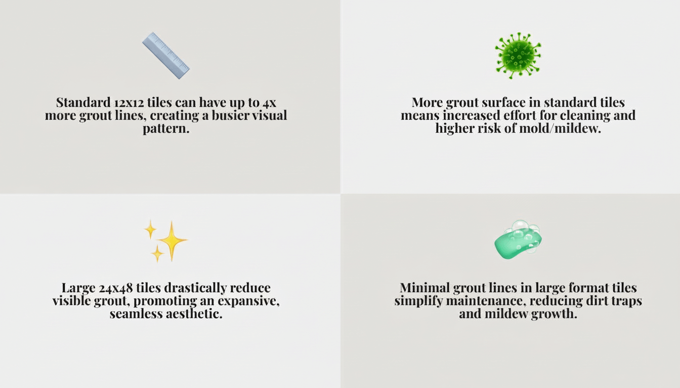 Infographic showing comparison of grout lines between standard 12x12 tiles versus 24x48 large format tiles in a 100 square foot room, with visual representation of fewer seams and more continuous surface area - Large Format Tiles infographic 4_facts_emoji_grey