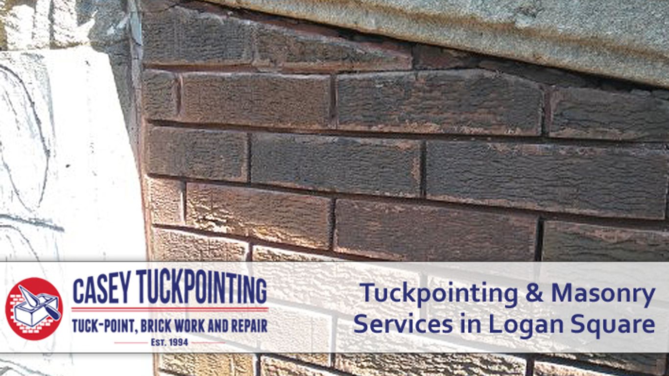 Close-up of a brick wall with "Casey Tuckpointing" logo and services.